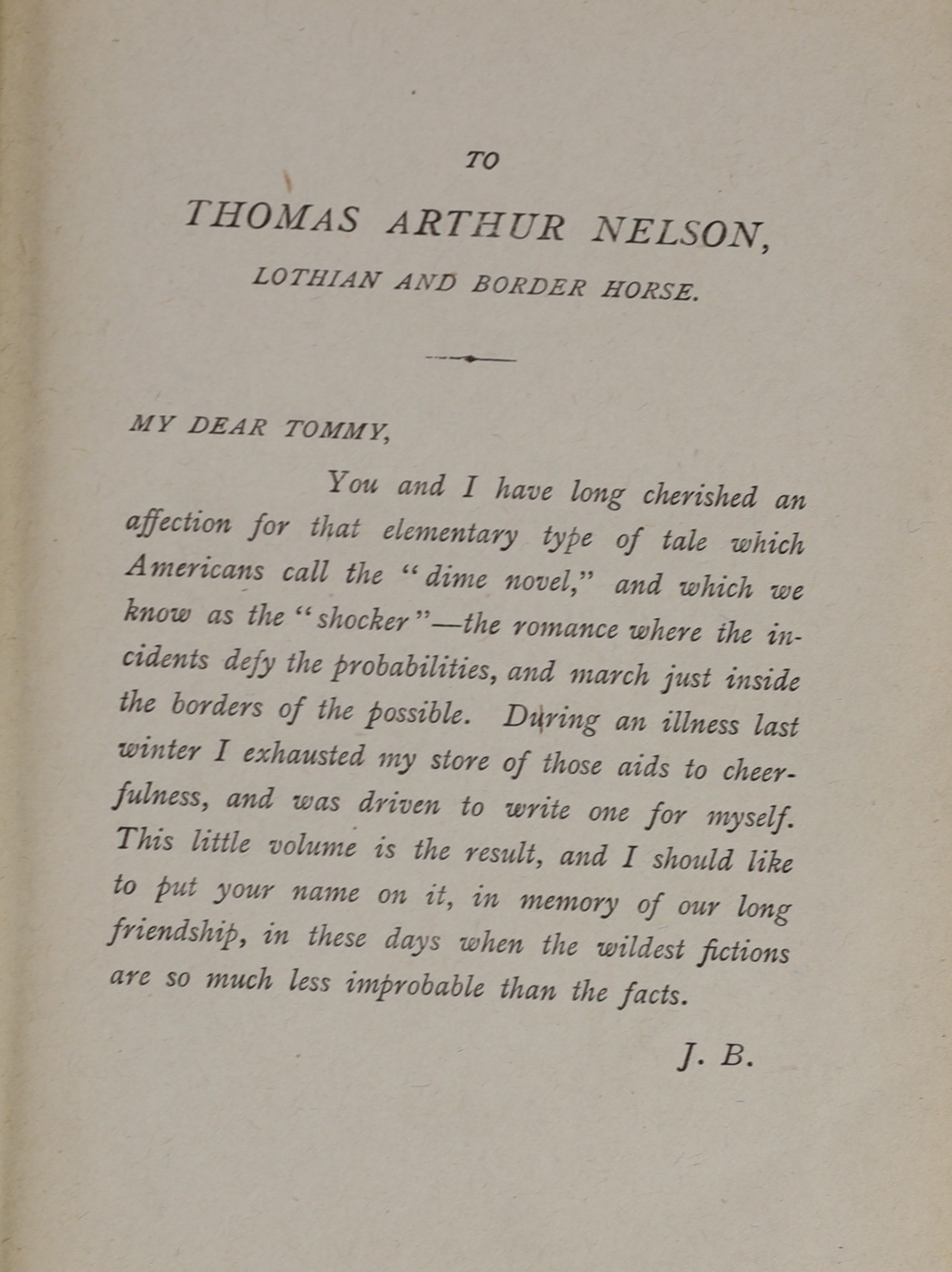 Buchan, John, 1st Baron Tweedsmuir - 2 works - The Thirty Nine Steps, 1st edition in book form, 8vo, original cloth, soiled with extremities worn, ownership stamps and pencil inscription, William Blackwood and Sons, Edin